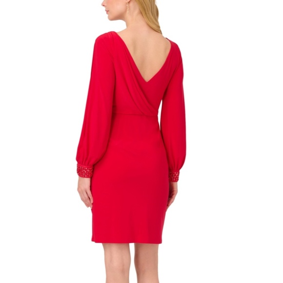 NWT ADRIANNA PAPELL Woman’s Beaded-Cuff V-Back Red Dress Size 4. Hot Ruby - Picture 2 of 8